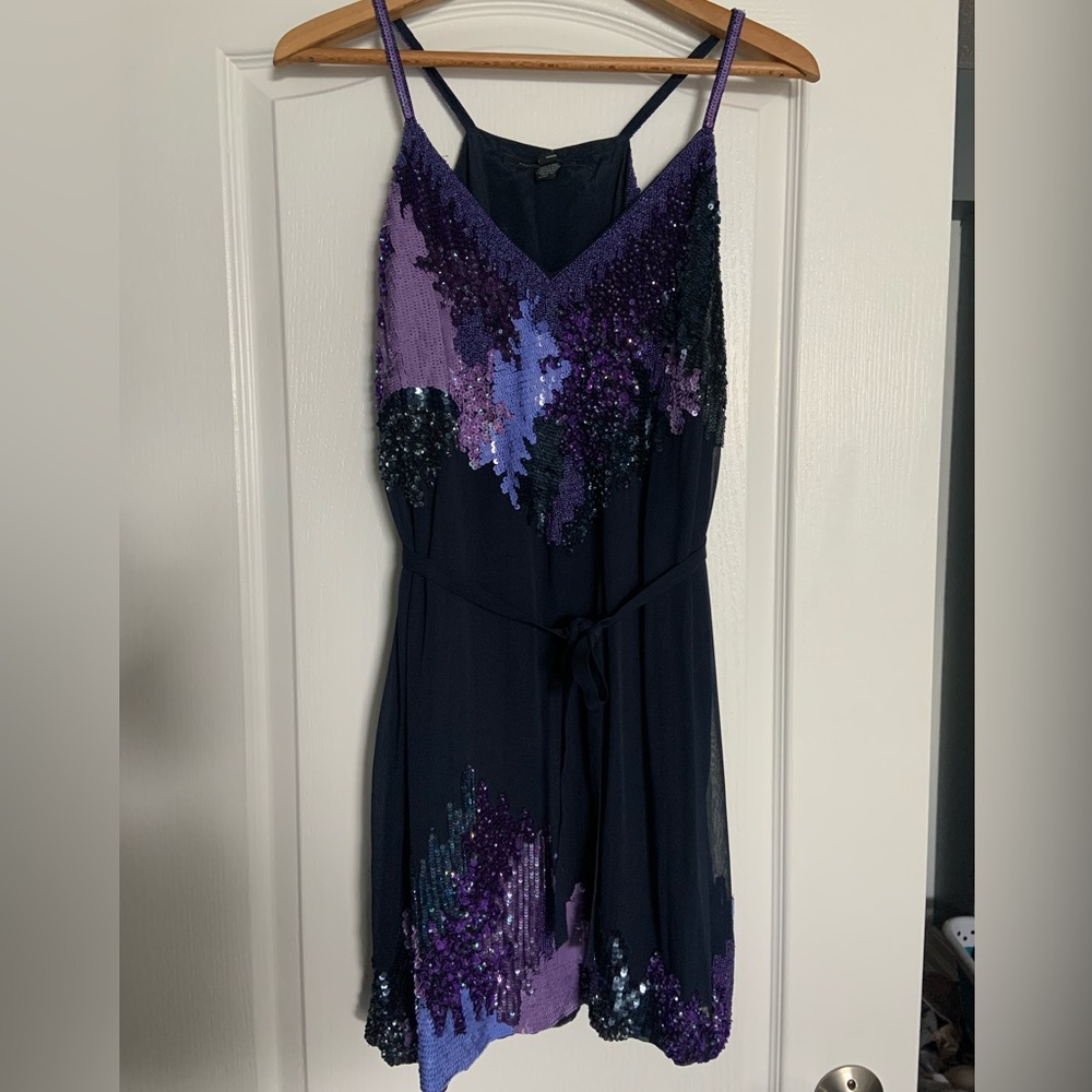 Blue mid thigh dress with purple sequins